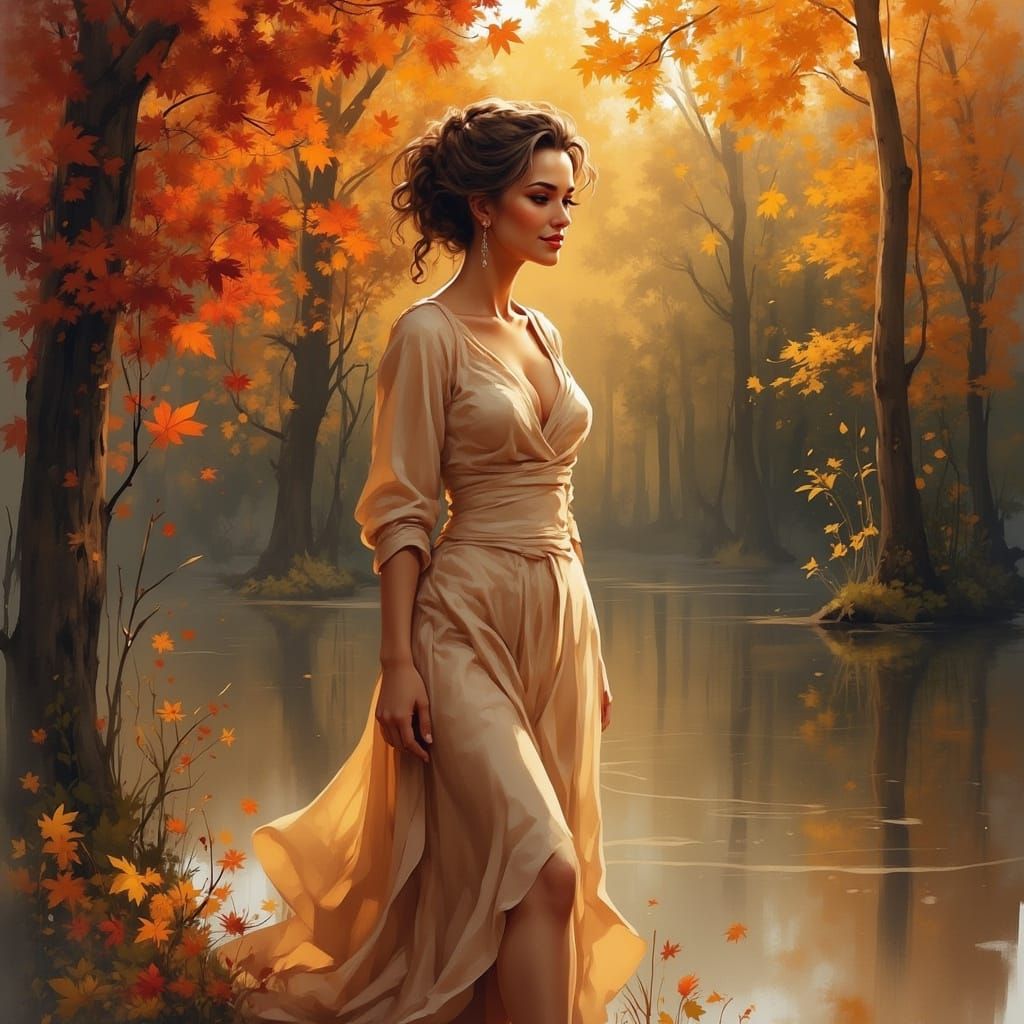 Elegant Woman in Autumnal Dress Admiring Golden Hour Foliage