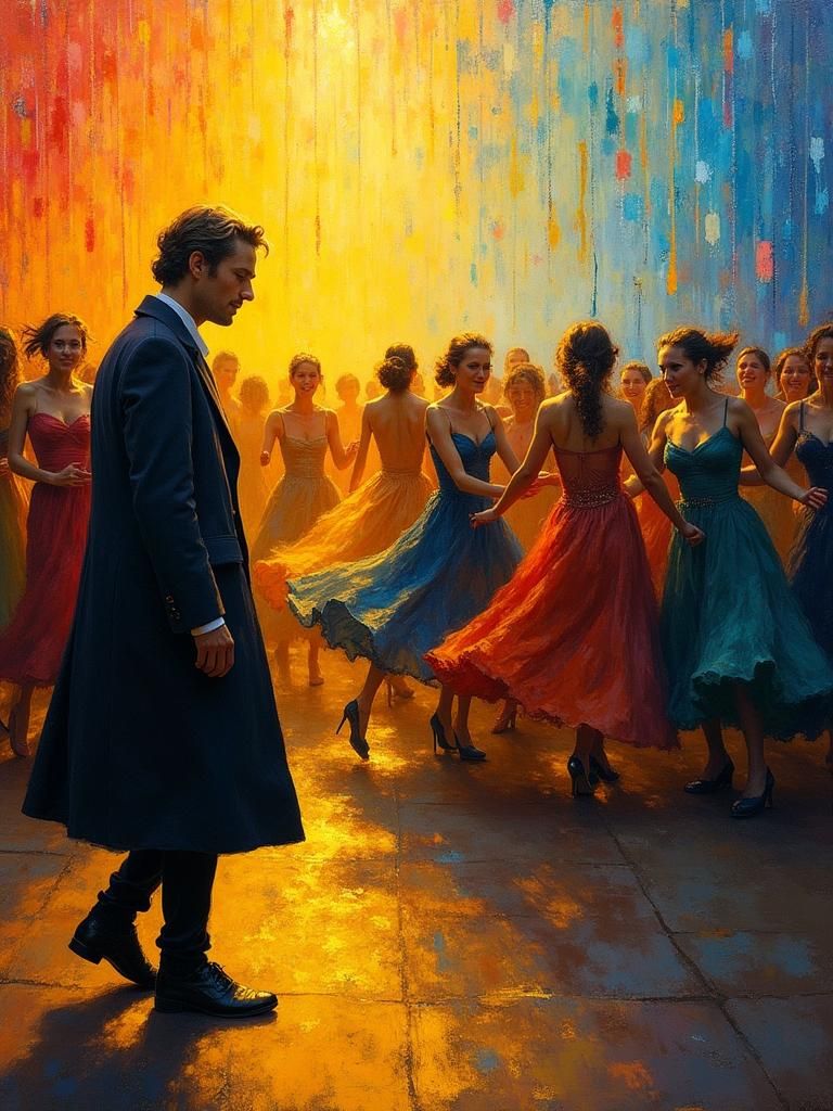 Solitary Figure at Dance Party in Impasto Style