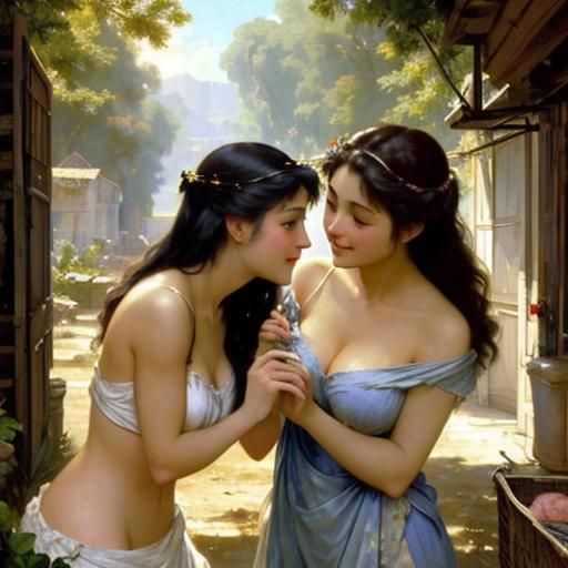 Two Women Embrace in Laundry Room: Romantic Painting