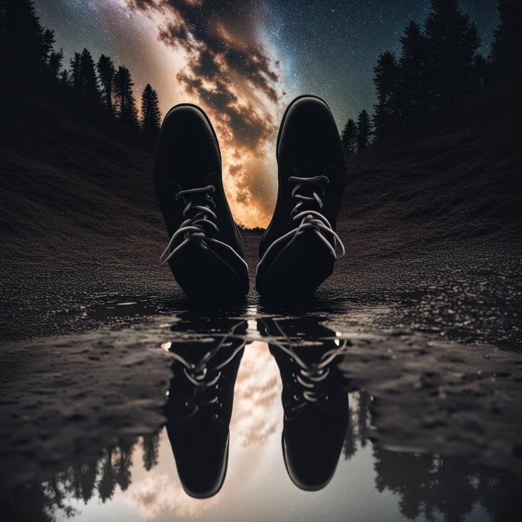 Shoes Reflecting a Stargazer in Puddle