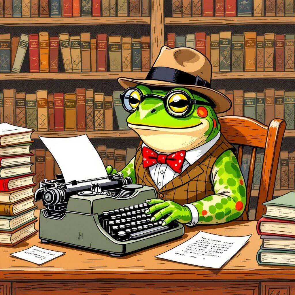 Frog Author in Cozy Library, Beatrix Potter Style