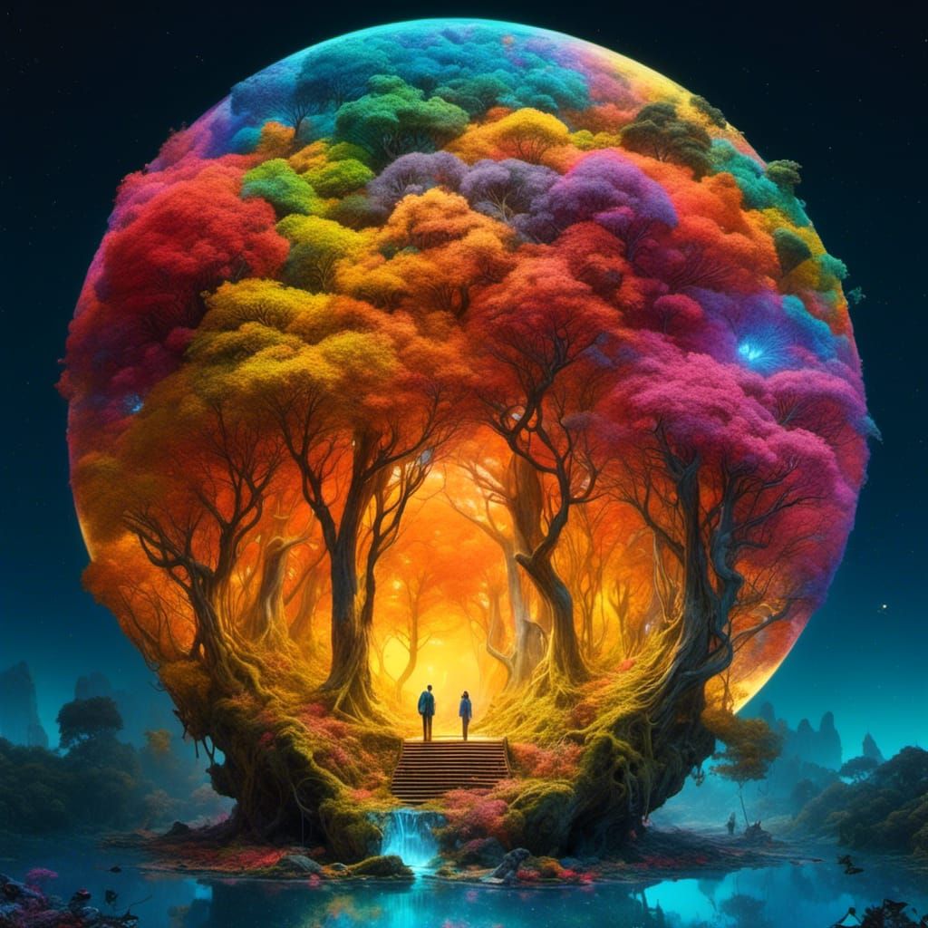 Bioluminescent Rainbow Forest at Night