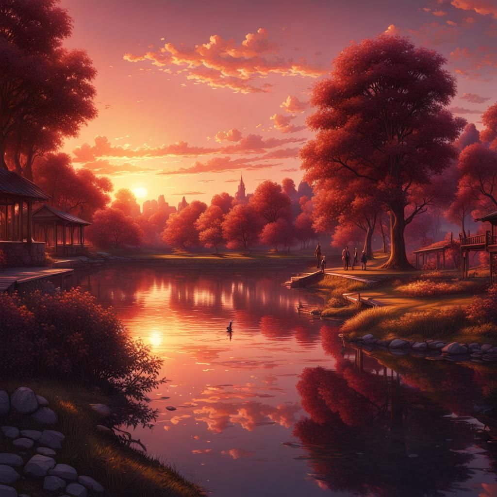 Sunset Lake: Detailed Matte Painting in Deep Color