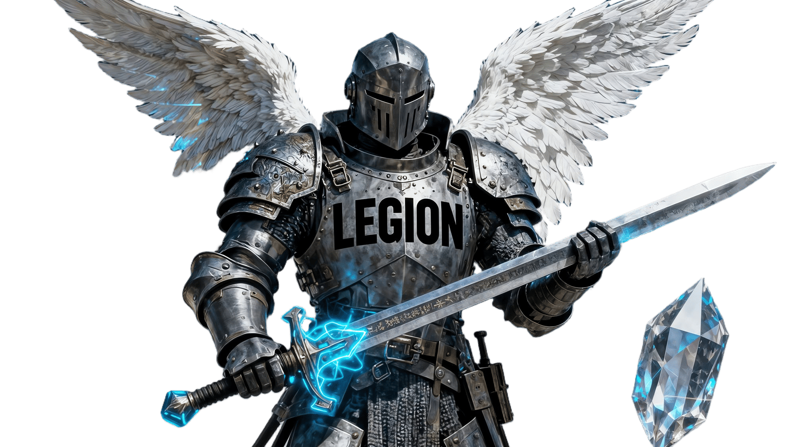 Armored Angel Holds "LEGION" Sword in Heaven