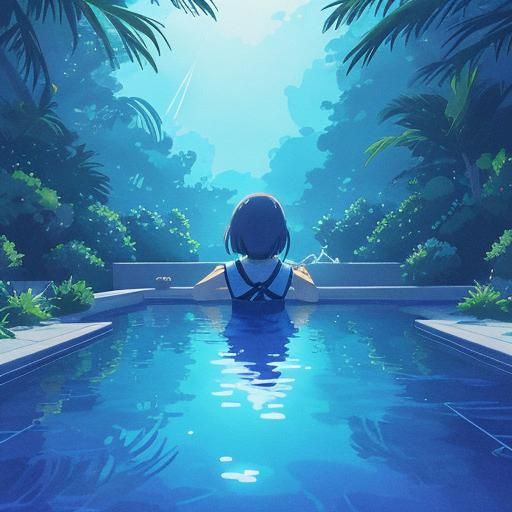Girl Swimming in Pool, Anime Cel-Shaded Style