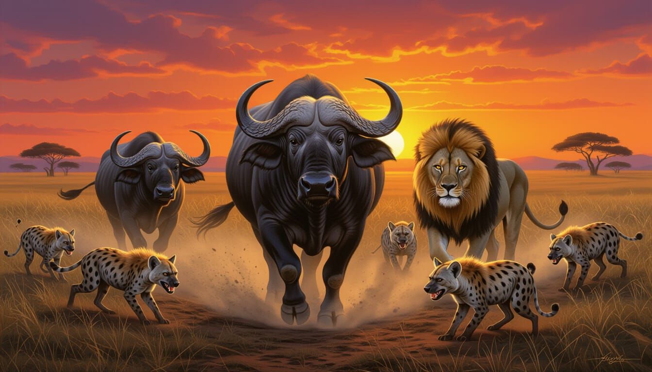 African Savannah Dusk Oil Painting of Wildlife