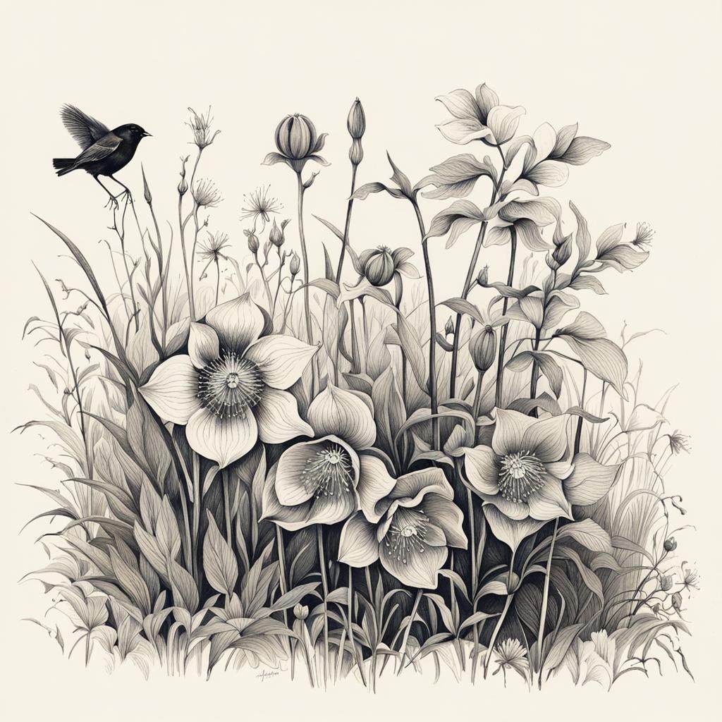 Botanical Ink Print of Hellebore and Bird