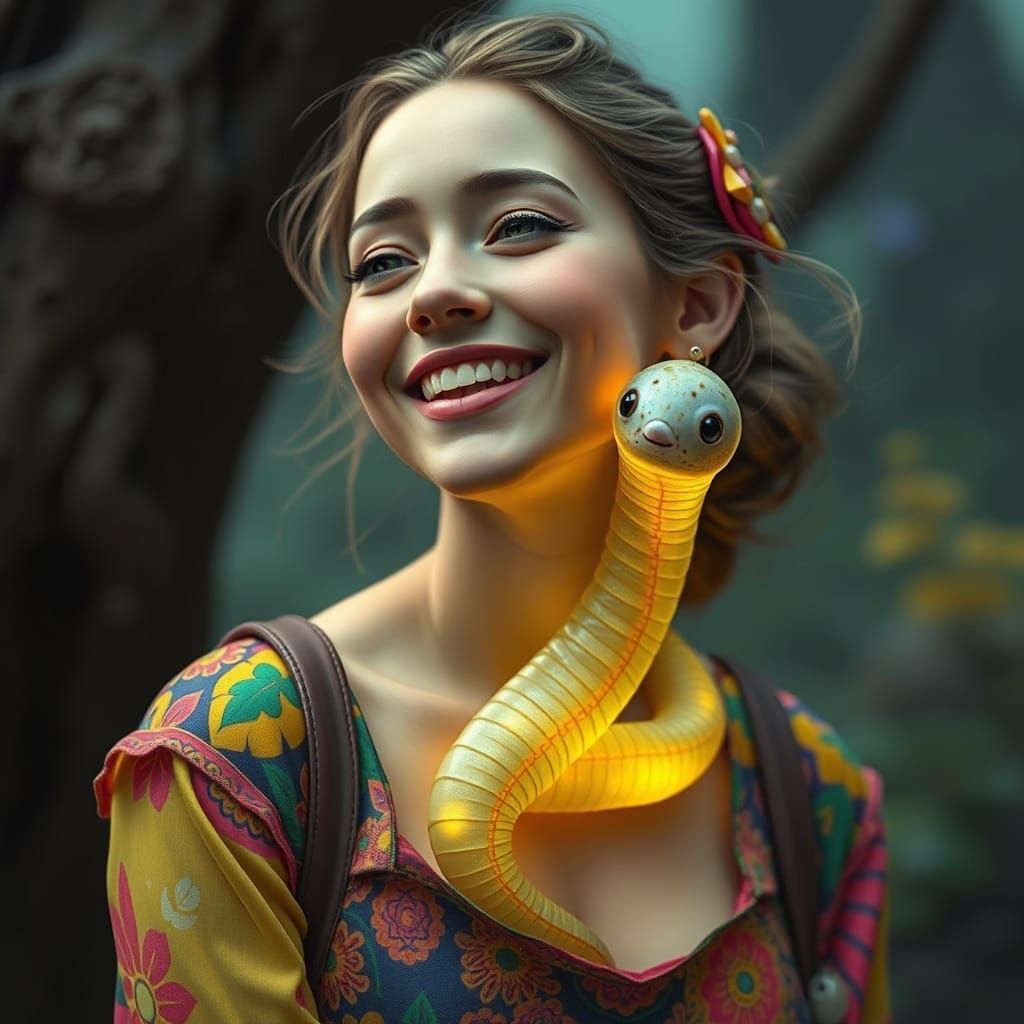 Whimsical Symbiosis: Woman and Glowing Worm Friend