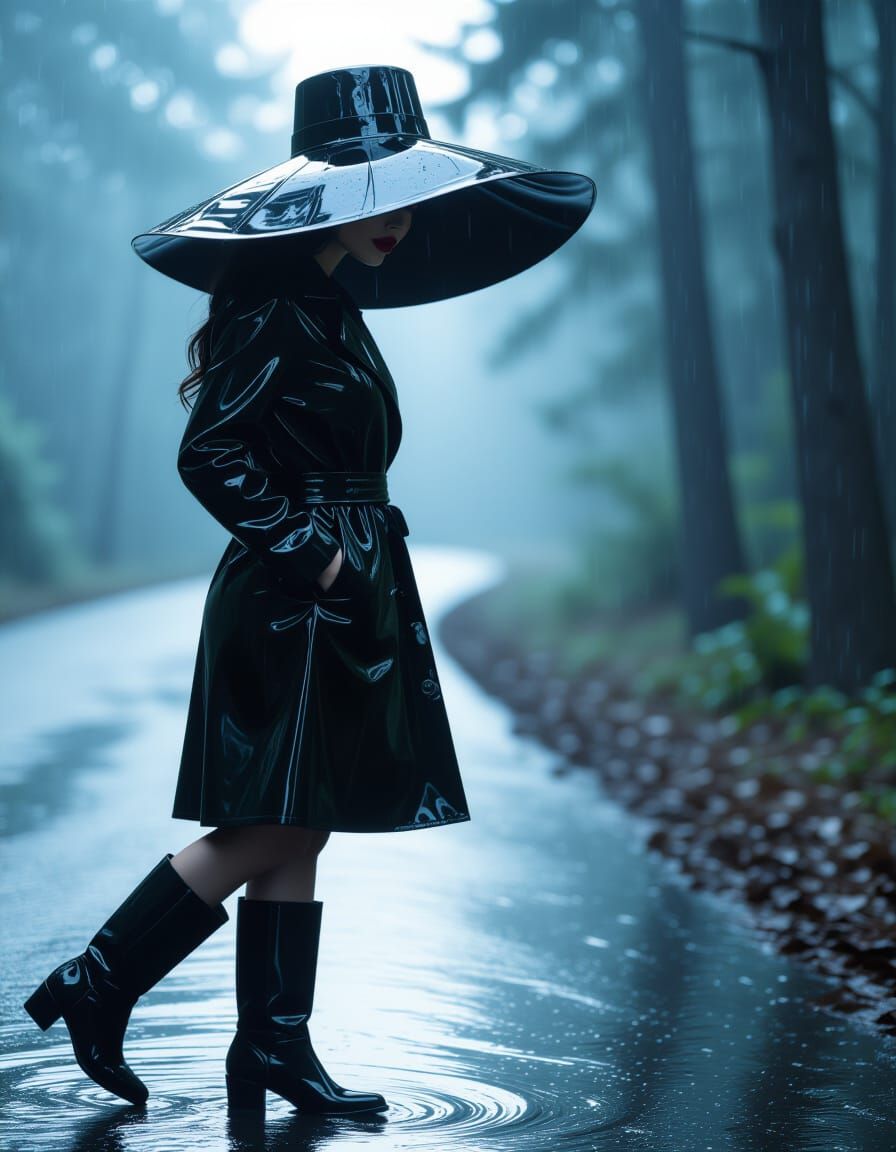 Woman in Black Latex Walking in Nighttime Rain