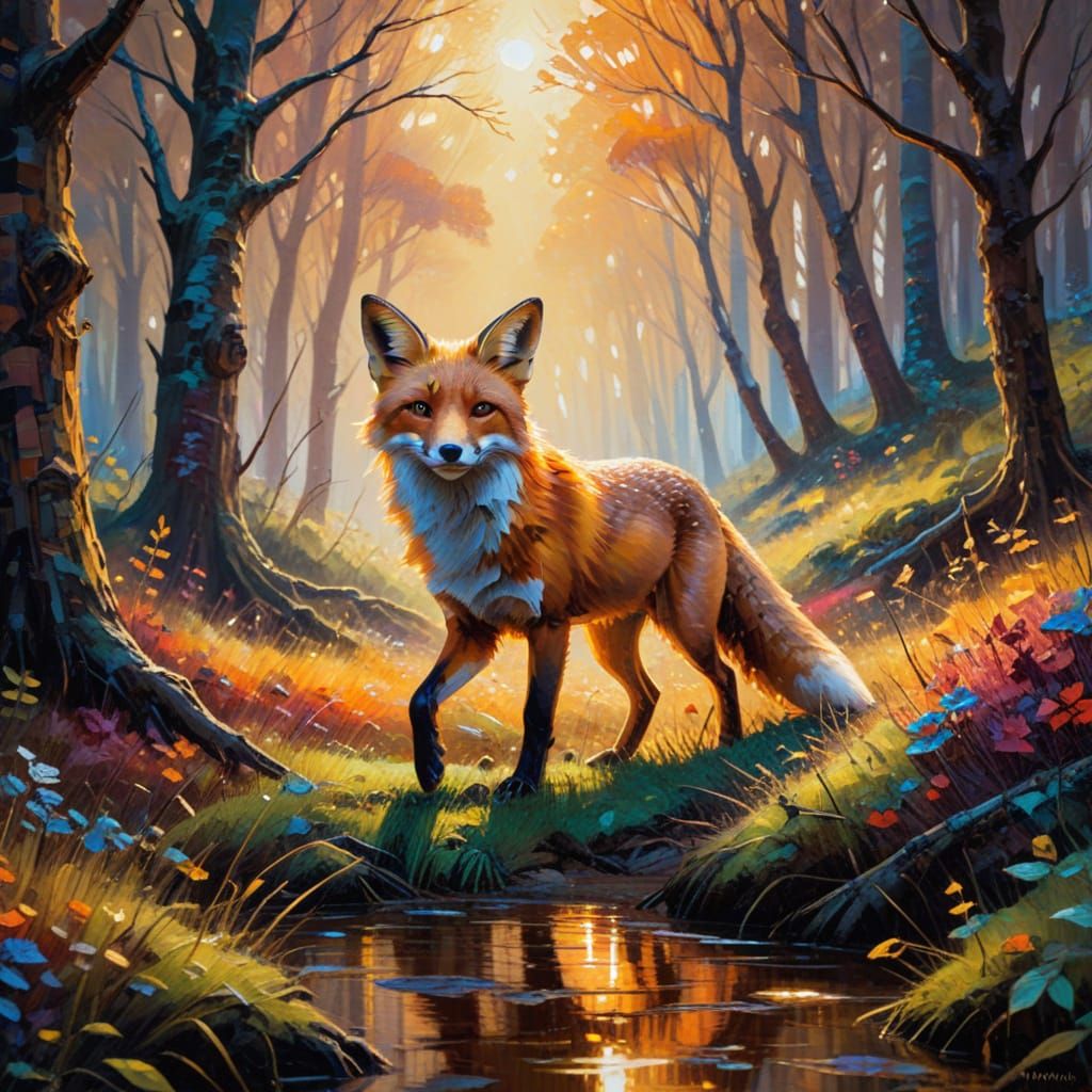 Fox in Forest: Expressionist Oil Painting with Golden Light