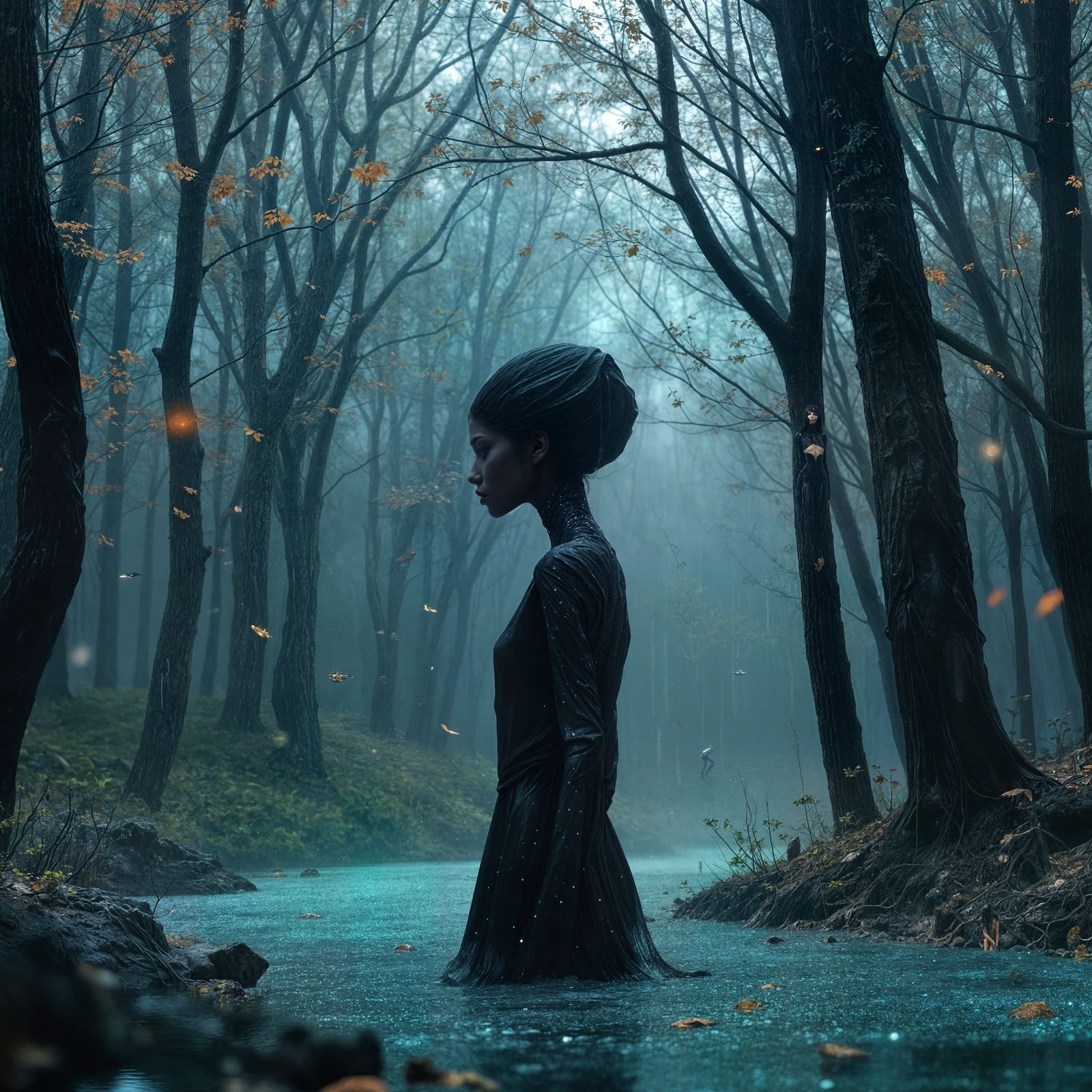 Obsidian Being in Frosty Forest Landscape