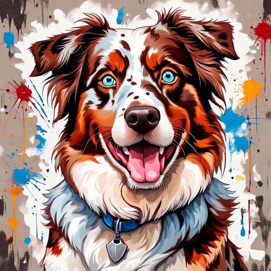 Graffiti Portrait of a Smiling Australian Shepherd