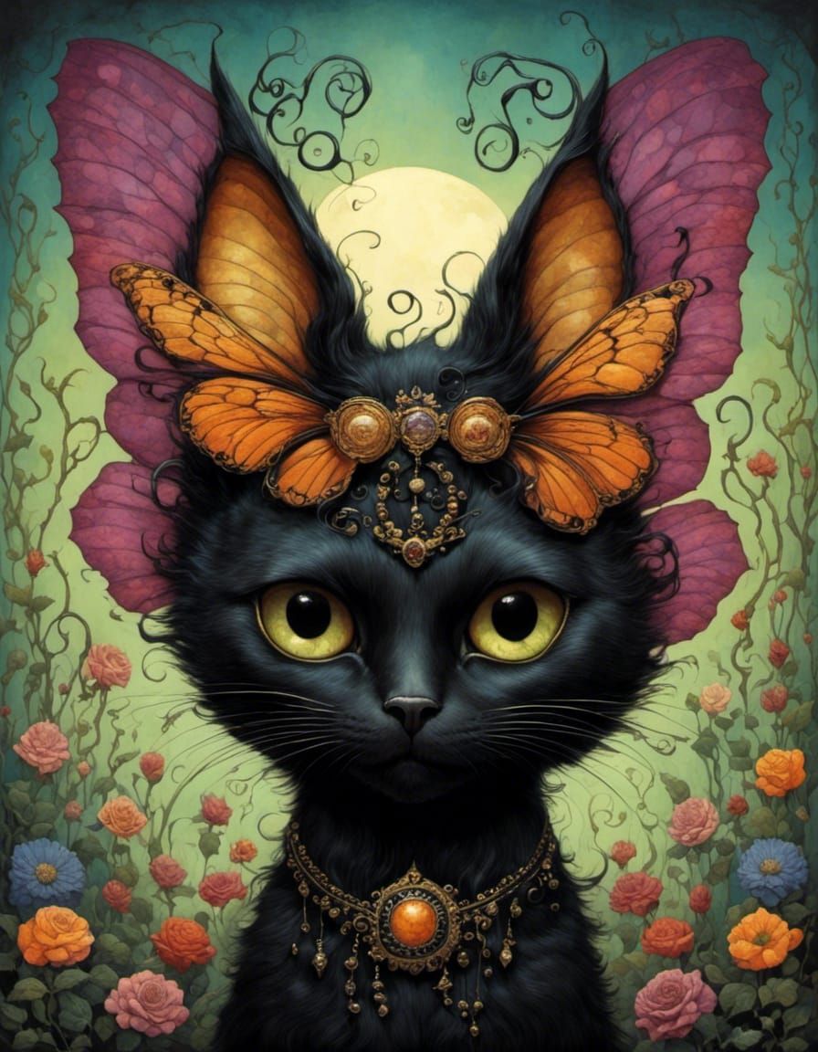 Black Cat with Bat Wings Digital Art