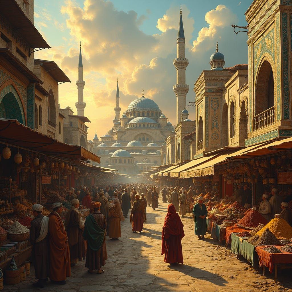 Turquoise and Gold Ottoman Bazaar in 16th-century Constantin...