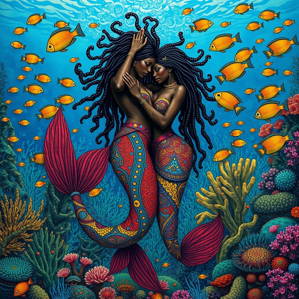 Underwater Embrace: African Mermaids in Surreal Setting