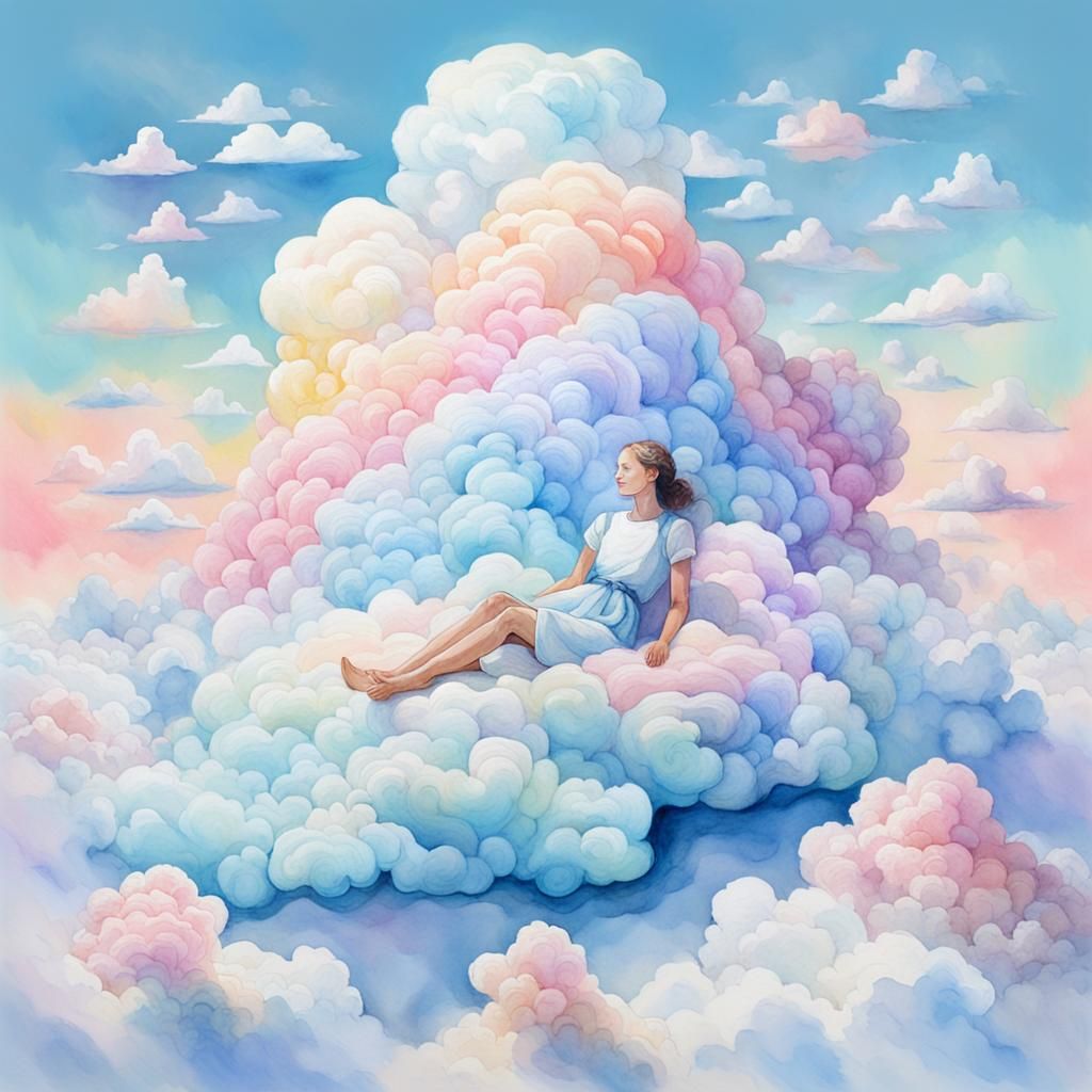Dreamlike Woman Reclining on Cloud Island