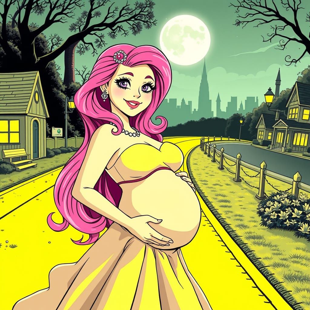 Enchanting Pregnant Goddess Strolls Down Yellow Brick Road i...