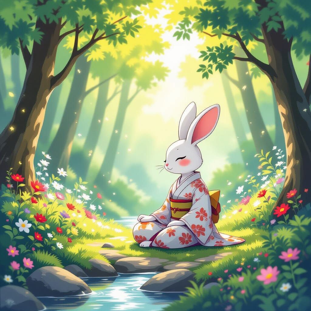 Meditating Rabbit in Enchanted Forest Clearing