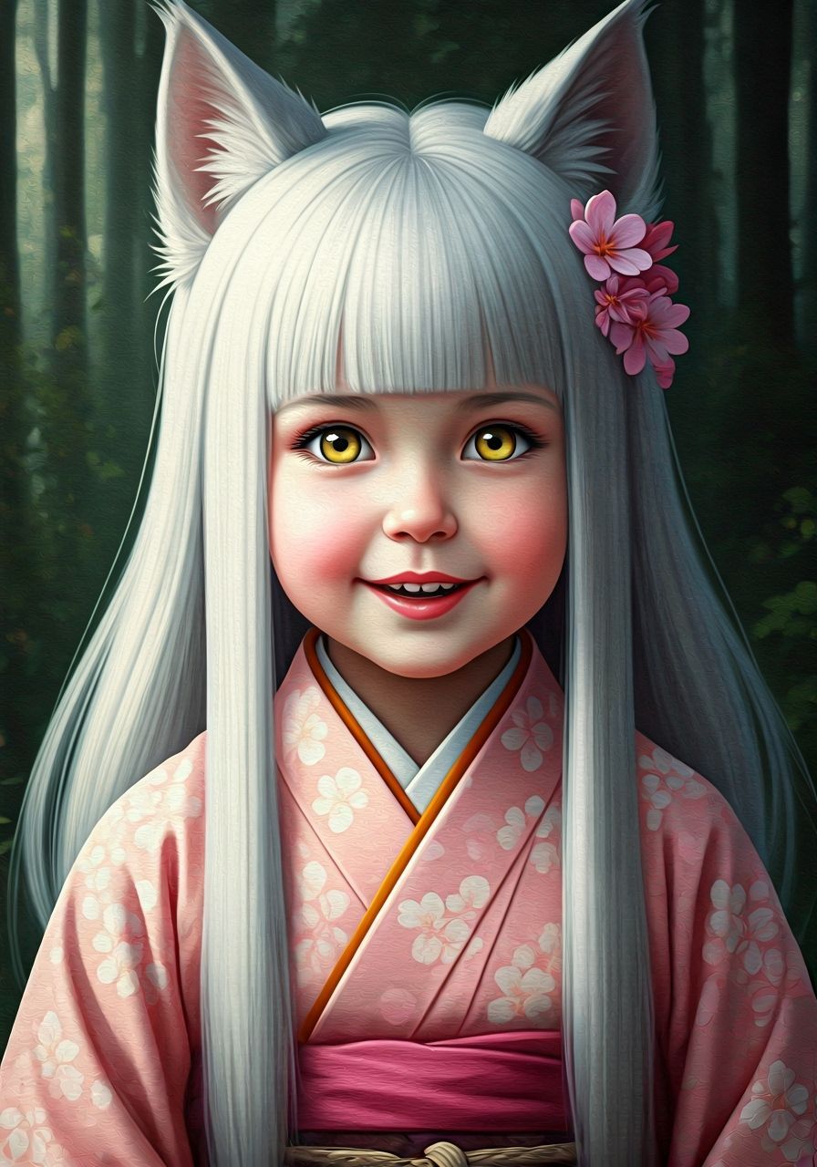 Ancient Japanese Girl with Wolf Ears in Oil Painting
