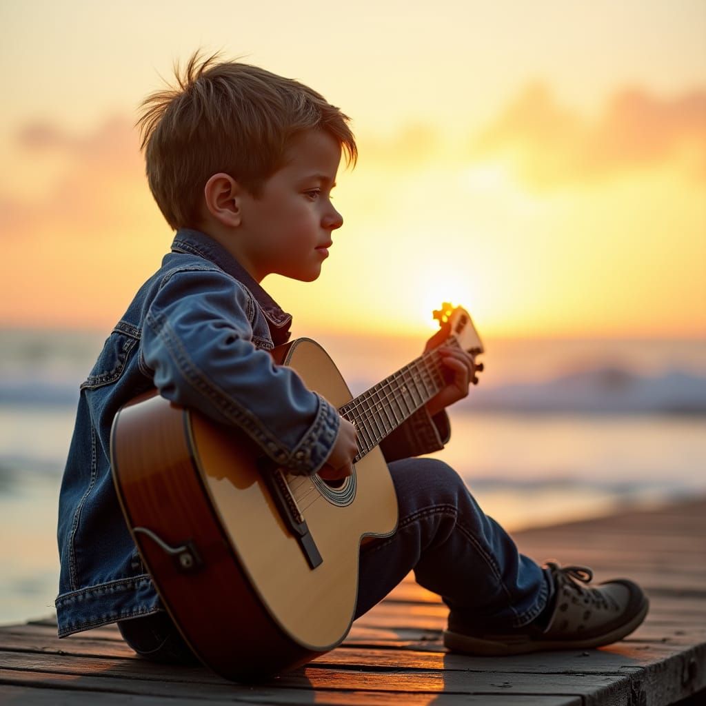 Boy Plays Guitar at Seaside Sunset