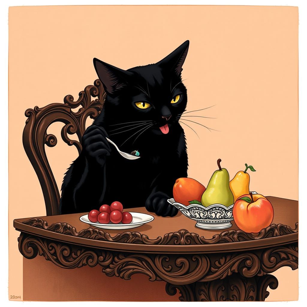 Vintage-Style Black Cat at Table, Savoring Spoonful of Fruit