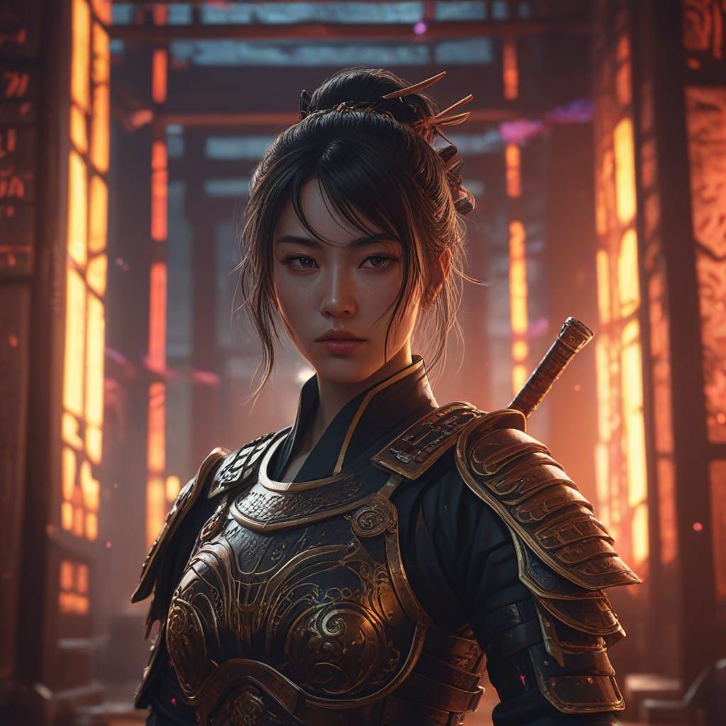 Girl Samurai in Neon Lit Temple: Anime Inspired Art