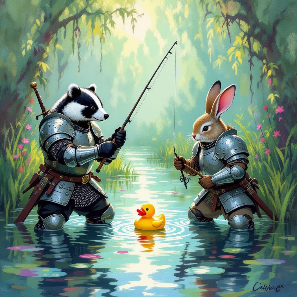 Whimsical Animal Fighters Fish in Surreal Swamp