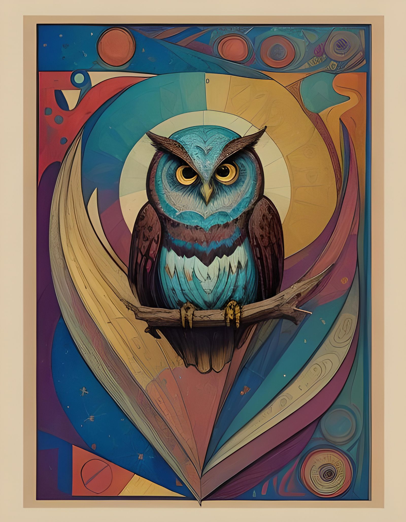 Cosmic Owl in Boho Cubist Style