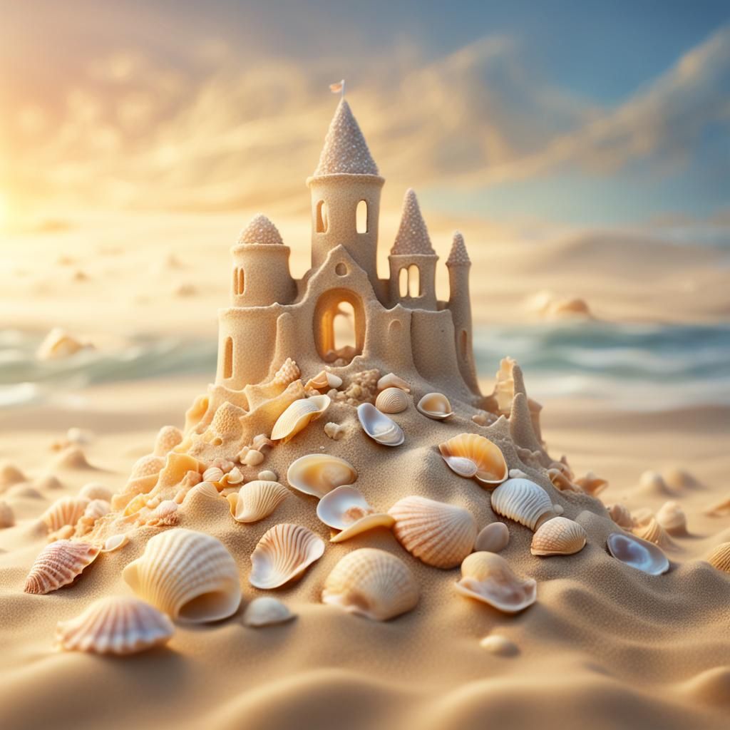 Dreamy Sandcastle with Shells in Surreal Style