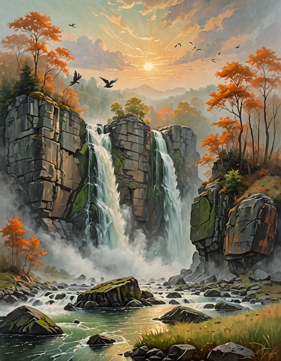 Majestic Waterfall Oil Painting in Muted Autumn Colors