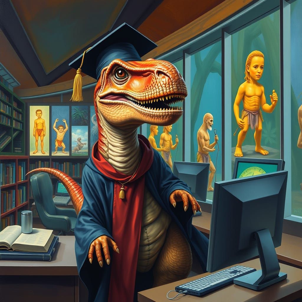 Allosaurus Graduates: Surreal Oil Painting in Library