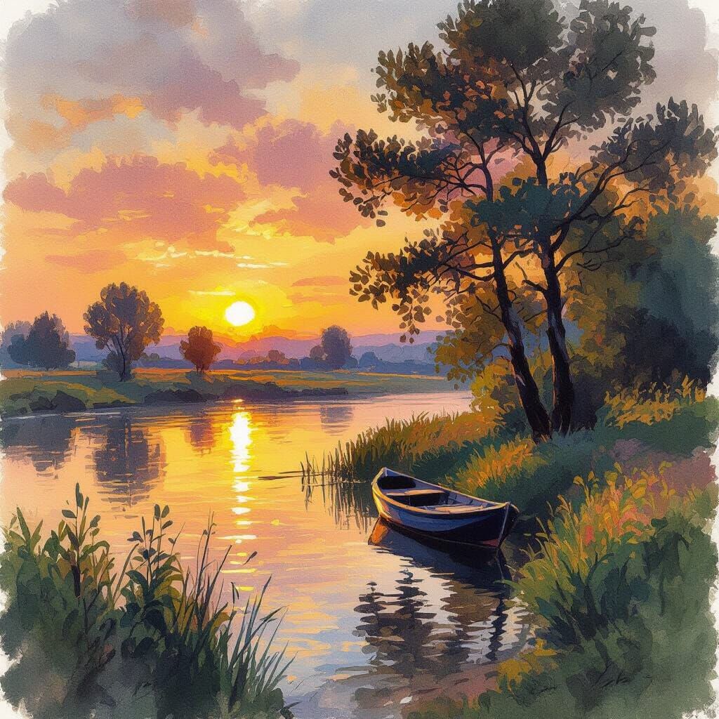 Impressionist Sunset Landscape Painting with Visible Brushst...