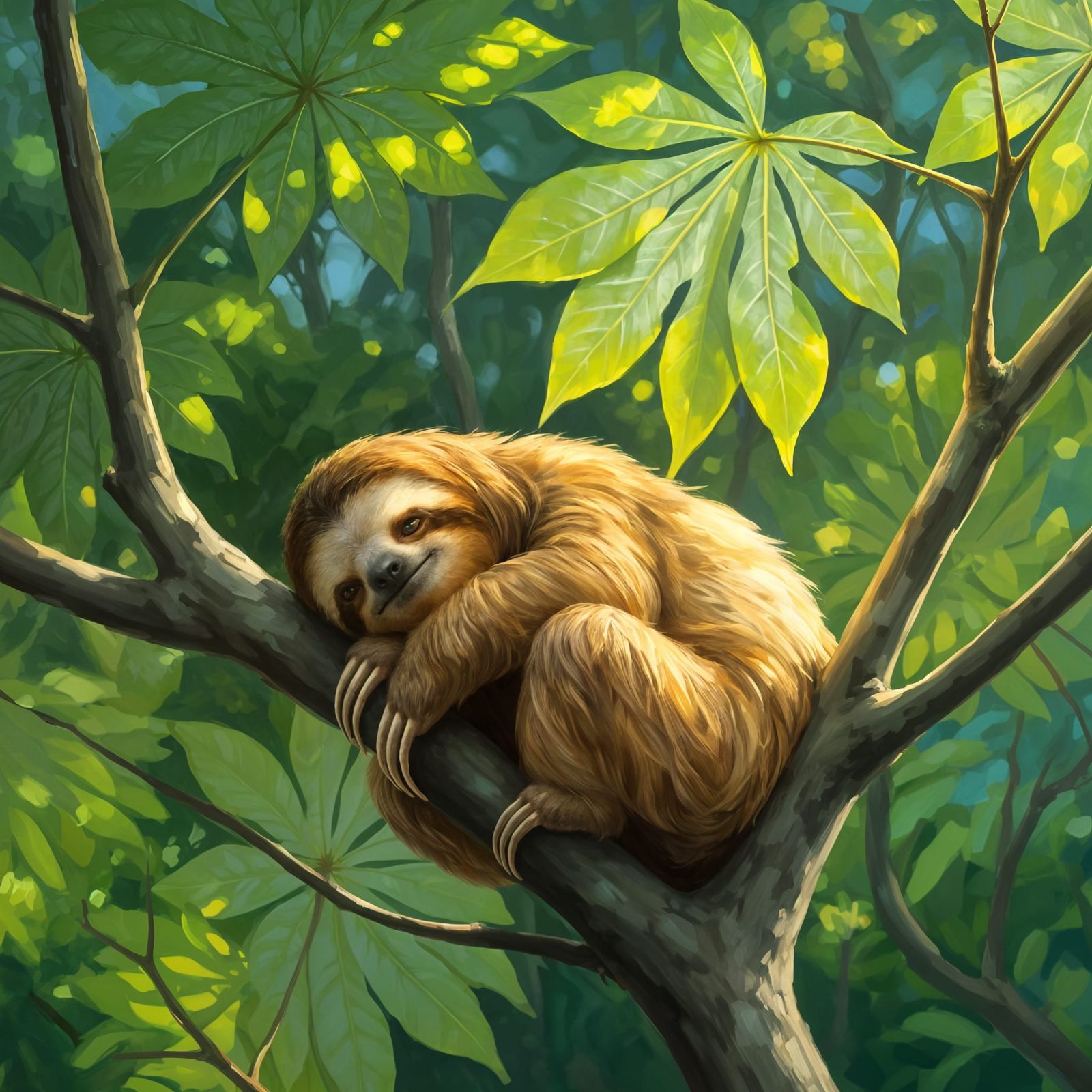 Impressionistic Sloth Sleeping in Amazon Rainforest