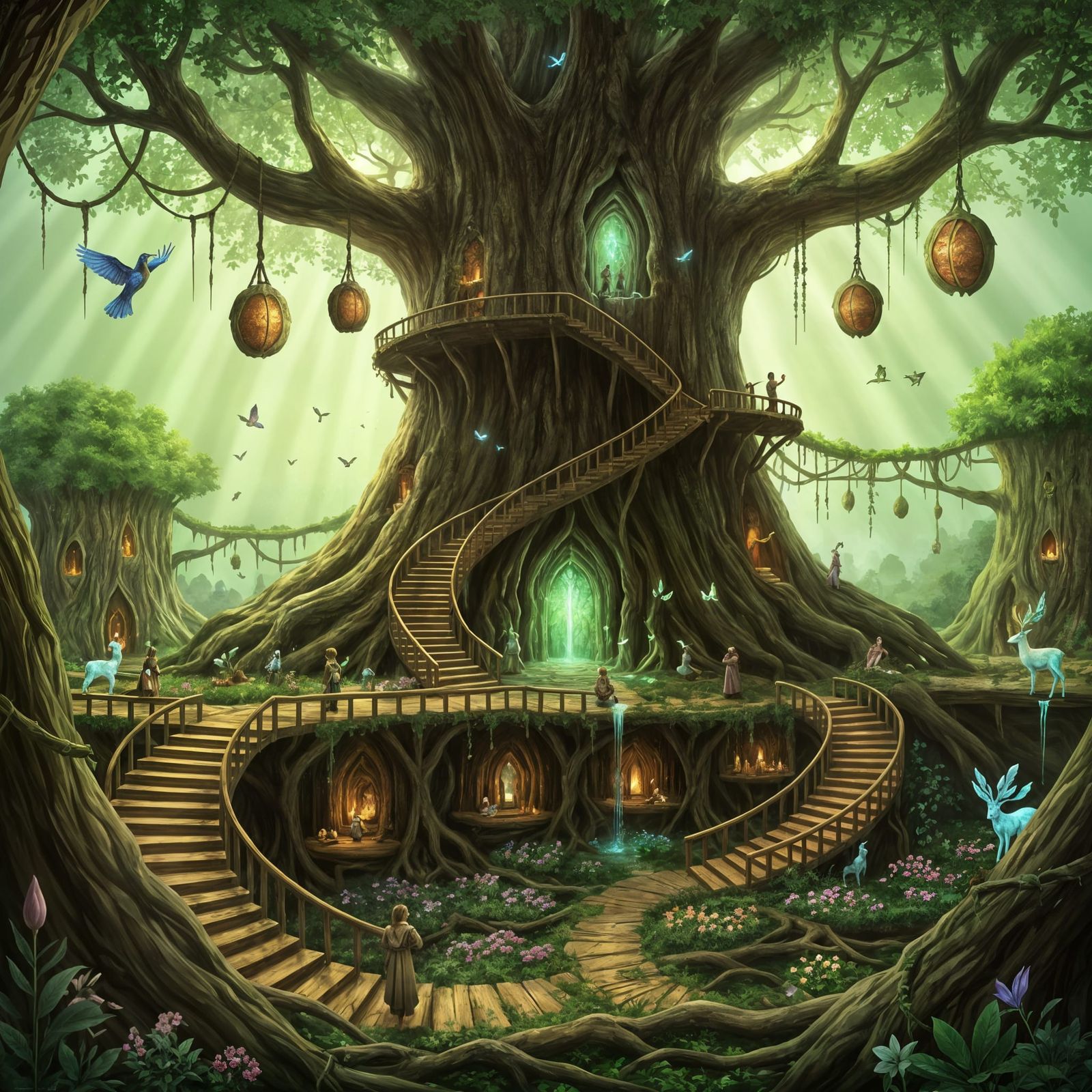 World Tree Sanctuary: Fantasy Illustration of Sacred Tree Ci...