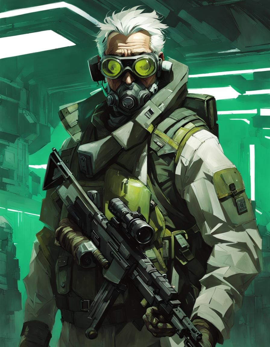 Retrofuturistic Soldier in Monochrome and Green