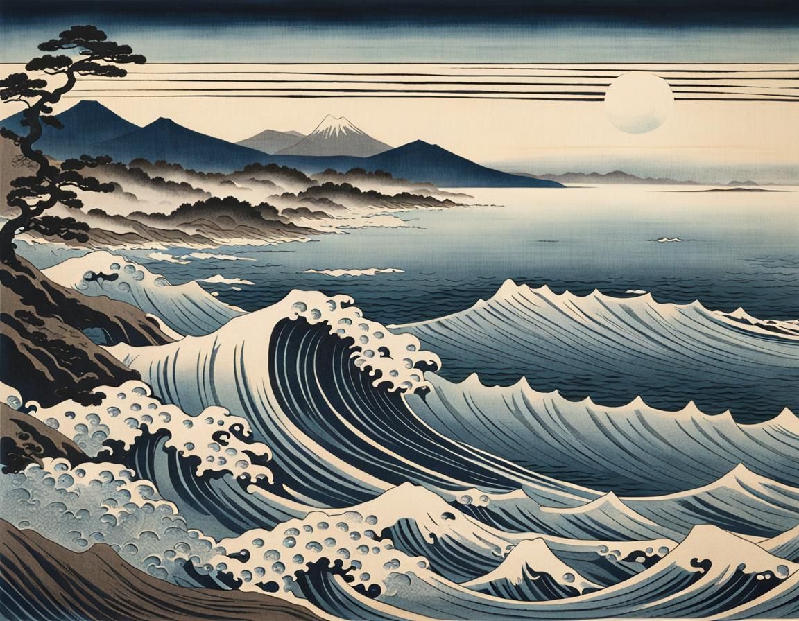 Serene Ocean Waves: Ukiyo-e Woodblock Print