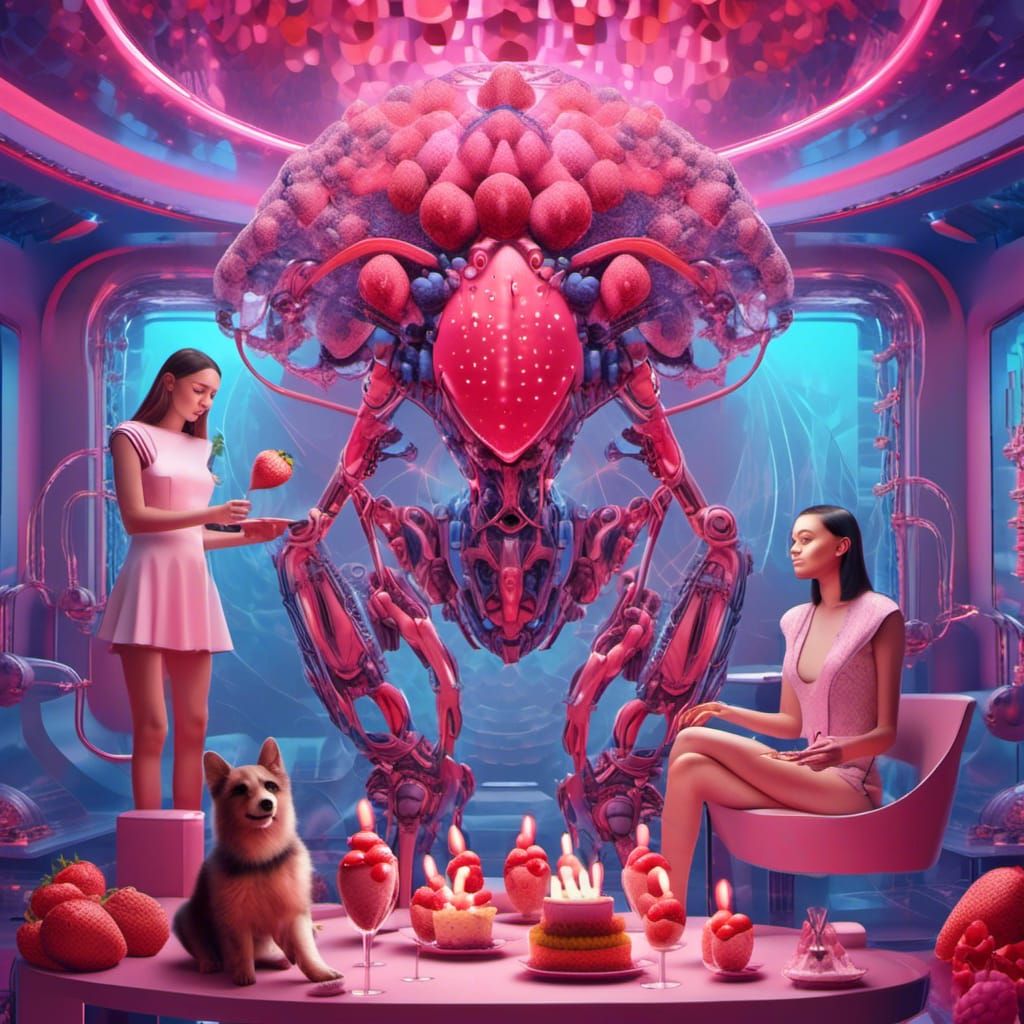 Futuristic Bioluminescent Humanoid Celebrates with AI Pets