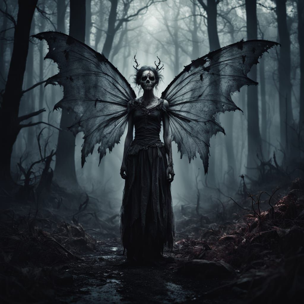 Grotesque Zombie Fairy in Dark Fantasy Landscape
