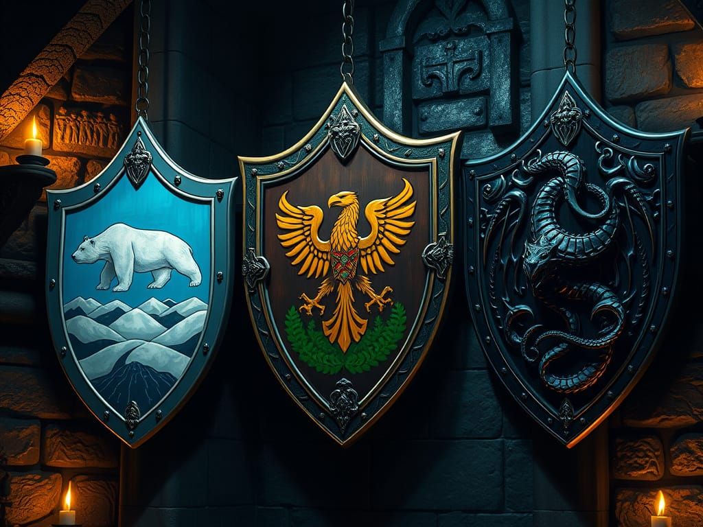 Medieval Castle Shields in Dramatic, Dark Atmosphere