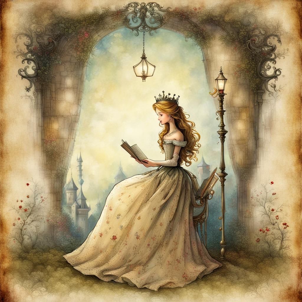 Fairytale Princess Waiting, Storybook Illustration