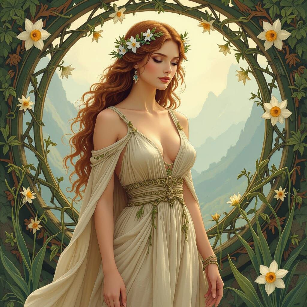 Goddess Echo Embodies Life as Mountain Nymph Holding Narciss...