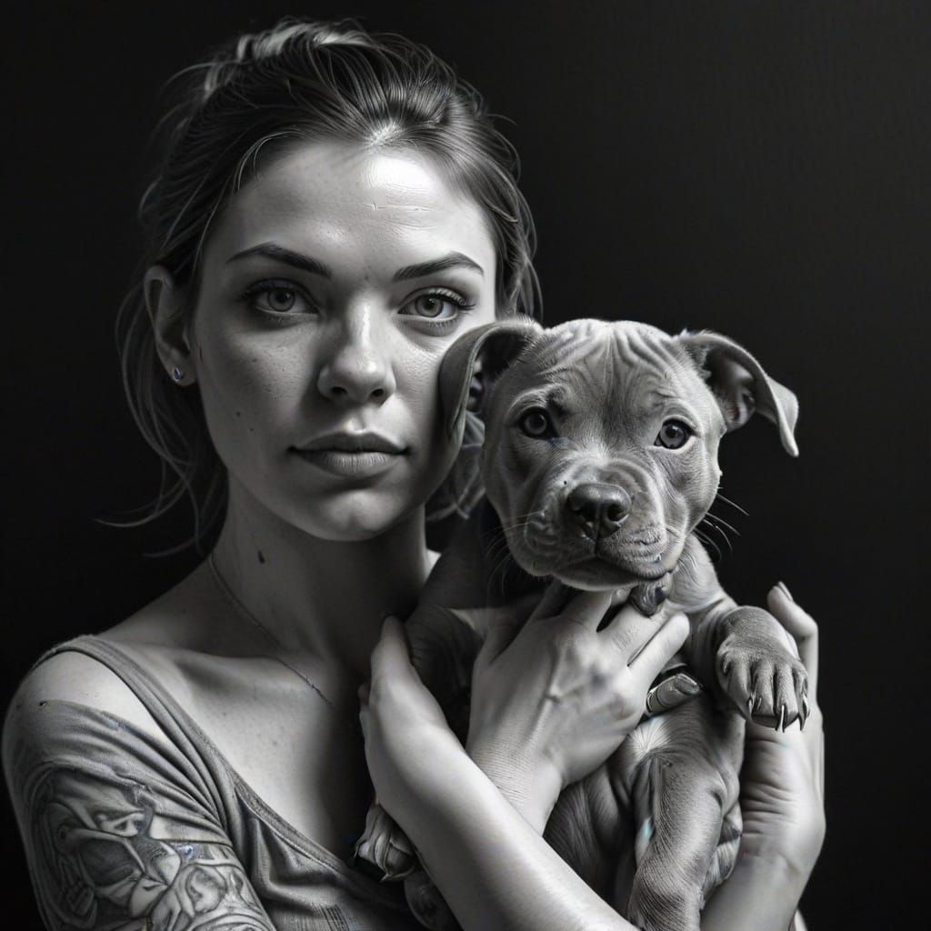 Woman with Pit Bull Cub: Hyper-Detailed Graphite Sketch