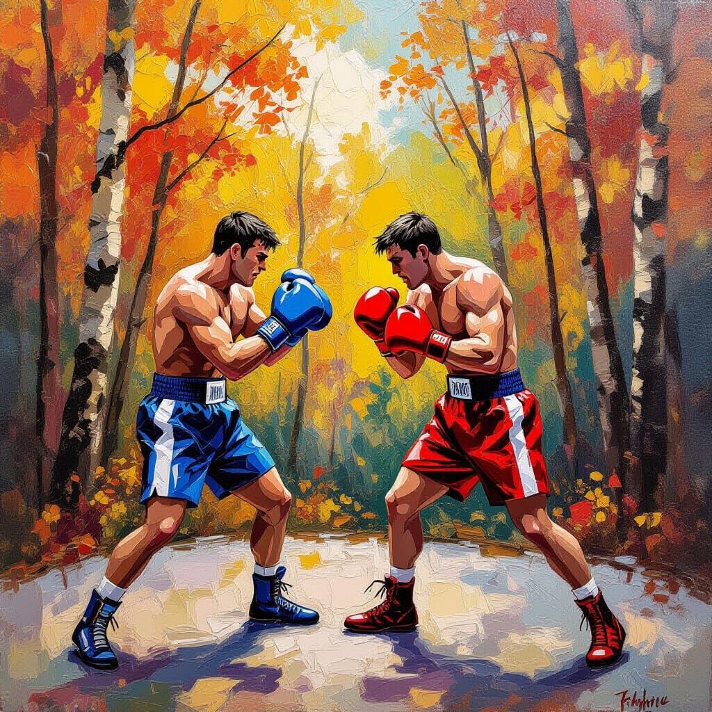 Boxers Battle in Autumn Forest Neo-Impressionist Style
