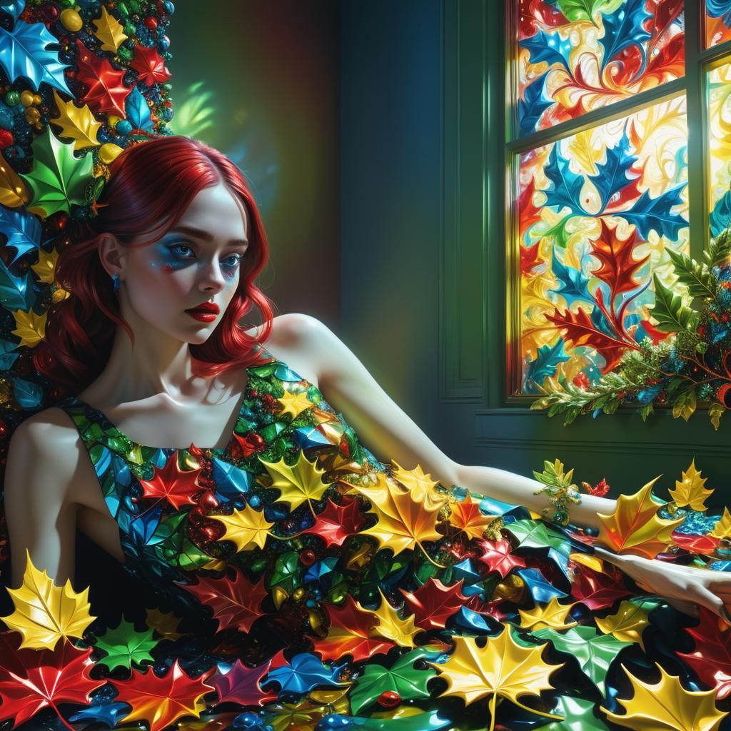 Psychedelic Fractal Leaves in Vivid Oil Painting