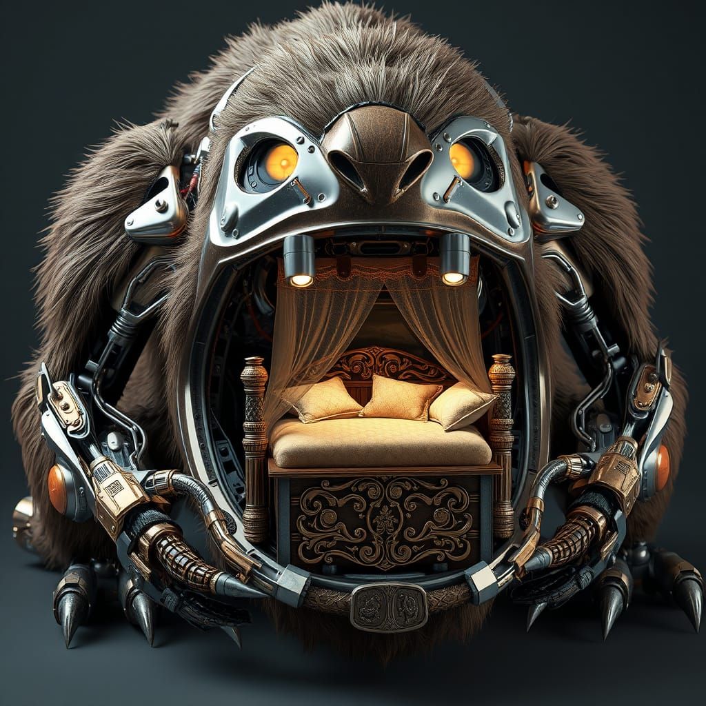 Mechanical Robot Frog with Miniature Bed, 3D Render