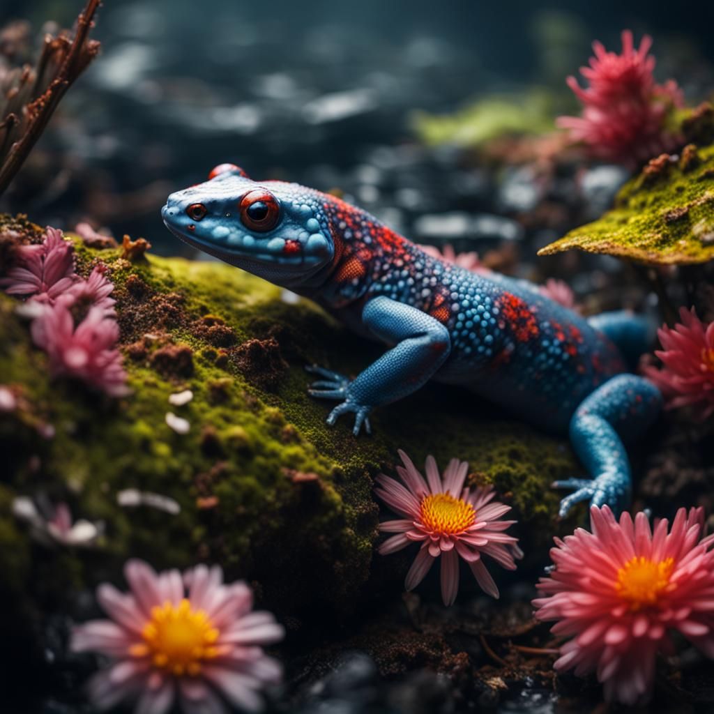 Hyperrealistic Salamander in a Floral Swamp