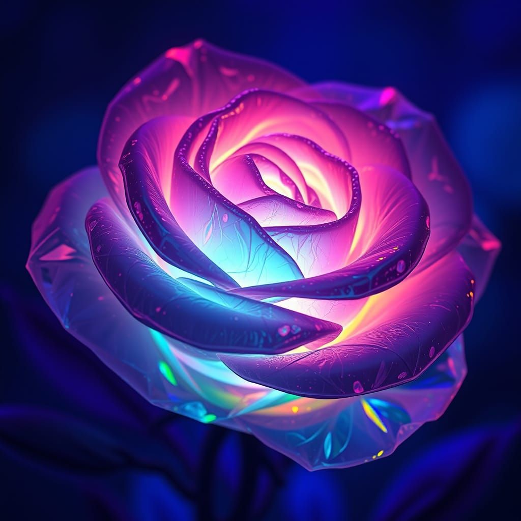 A transparent lit from within bioluminescence crystal rose
