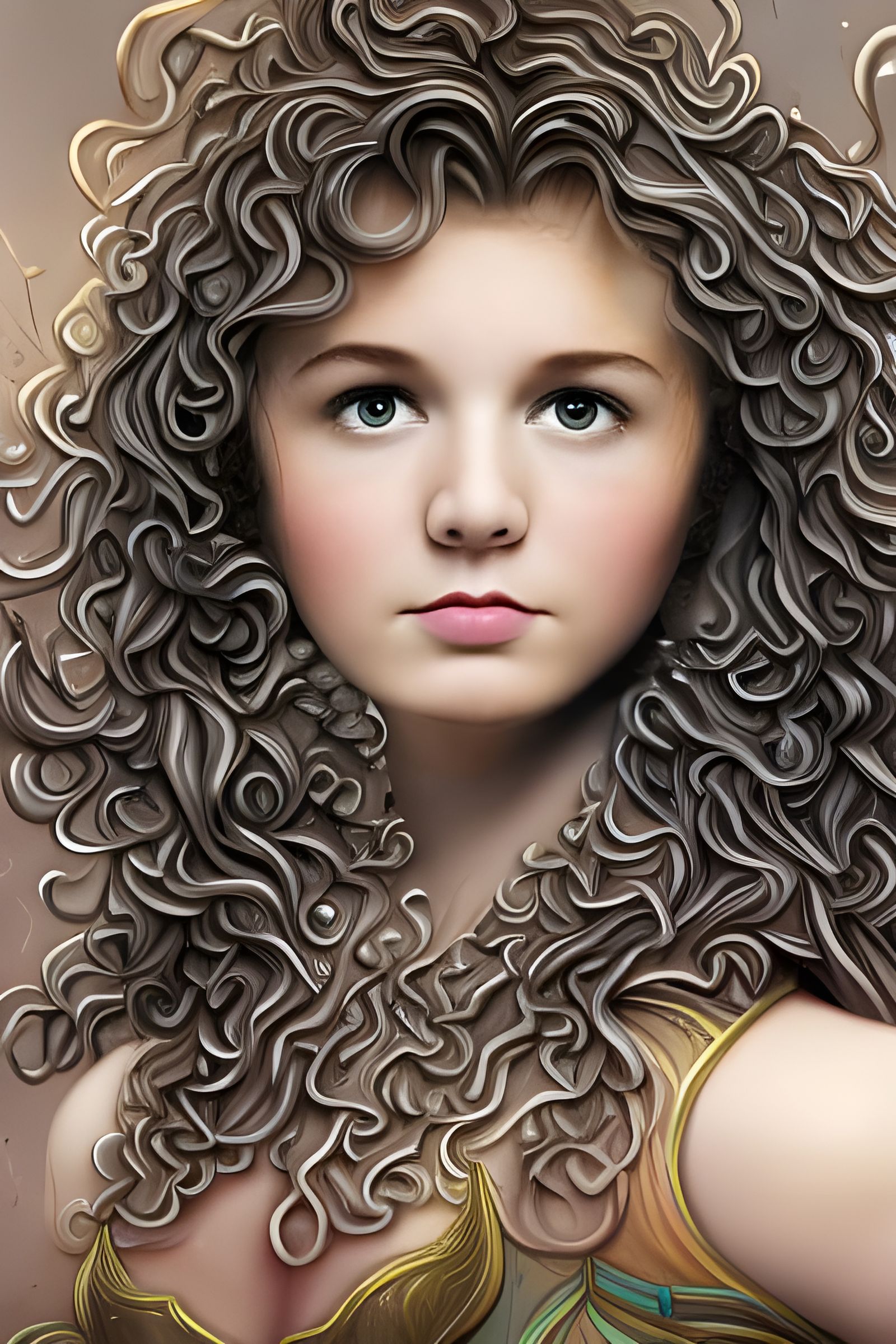 Surprised Brunette with Big Curly Hair: Detailed Portrait