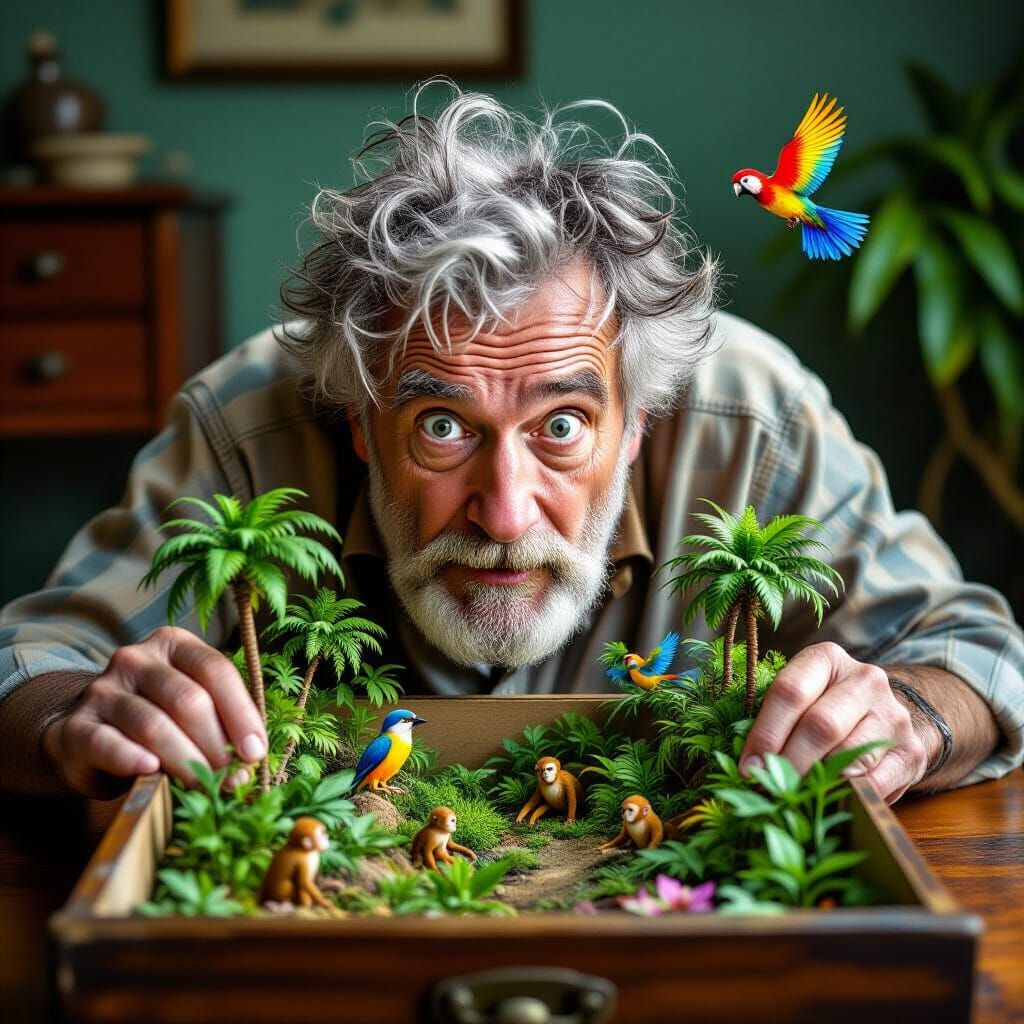 Surprised Man Discovers Jungle in Drawer