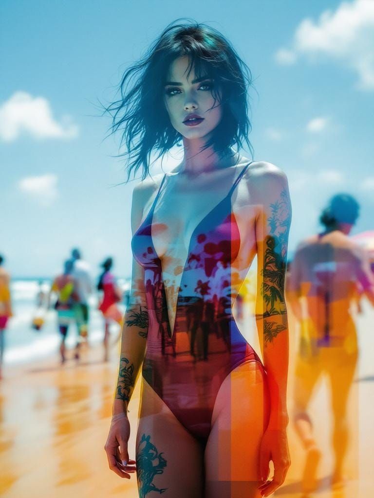 Bold Woman on Boardwalk in Abstract Expressionist Style